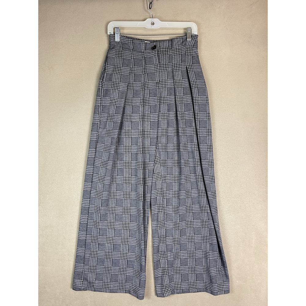 Maeve Pants Women 2 Wide Leg Black White Glen Plaid Pleated EUC